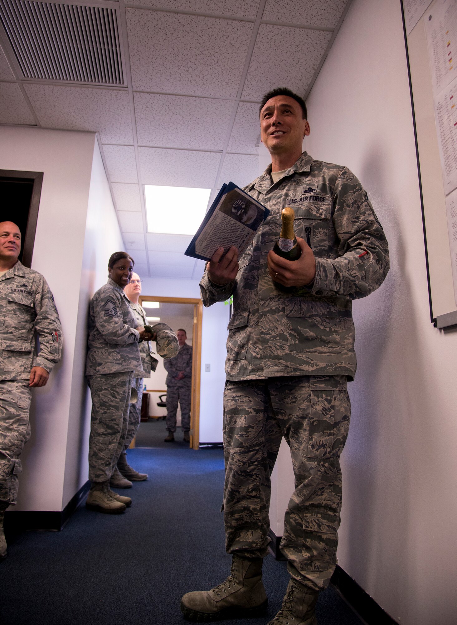 U.S. Air Force Senior Master Sgt. Alfred Venditti, 23d Wing weapons standardization superintendent, gives a speech Nov. 19, 2014, at Moody Air Force Base, Ga. Hart found out he was selected for promotion to chief master sergeant, reaching the highest enlisted rank in the Air Force. (U.S. Air Force photo by Senior Airman Sandra Marrero/Released)
