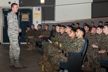 Col. Ken “Wolf” Ekman, 8th Fighter Wing commander, welcomes U.S. Marines arriving from Marine Corps Air Station Iwakuni, Japan, to Kunsan Air Base, Republic of Korea, Nov. 13, 2014. More than 1,000 personnel from various ROK air force units, the U.S. Navy, Marine Corps, Army and Air Force participated in Max Thunder 14-2, the largest biannual joint training exercise on the Korean Peninsula. (U.S. Air Force photo by Senior Airman Katrina Heikkinen/Released)