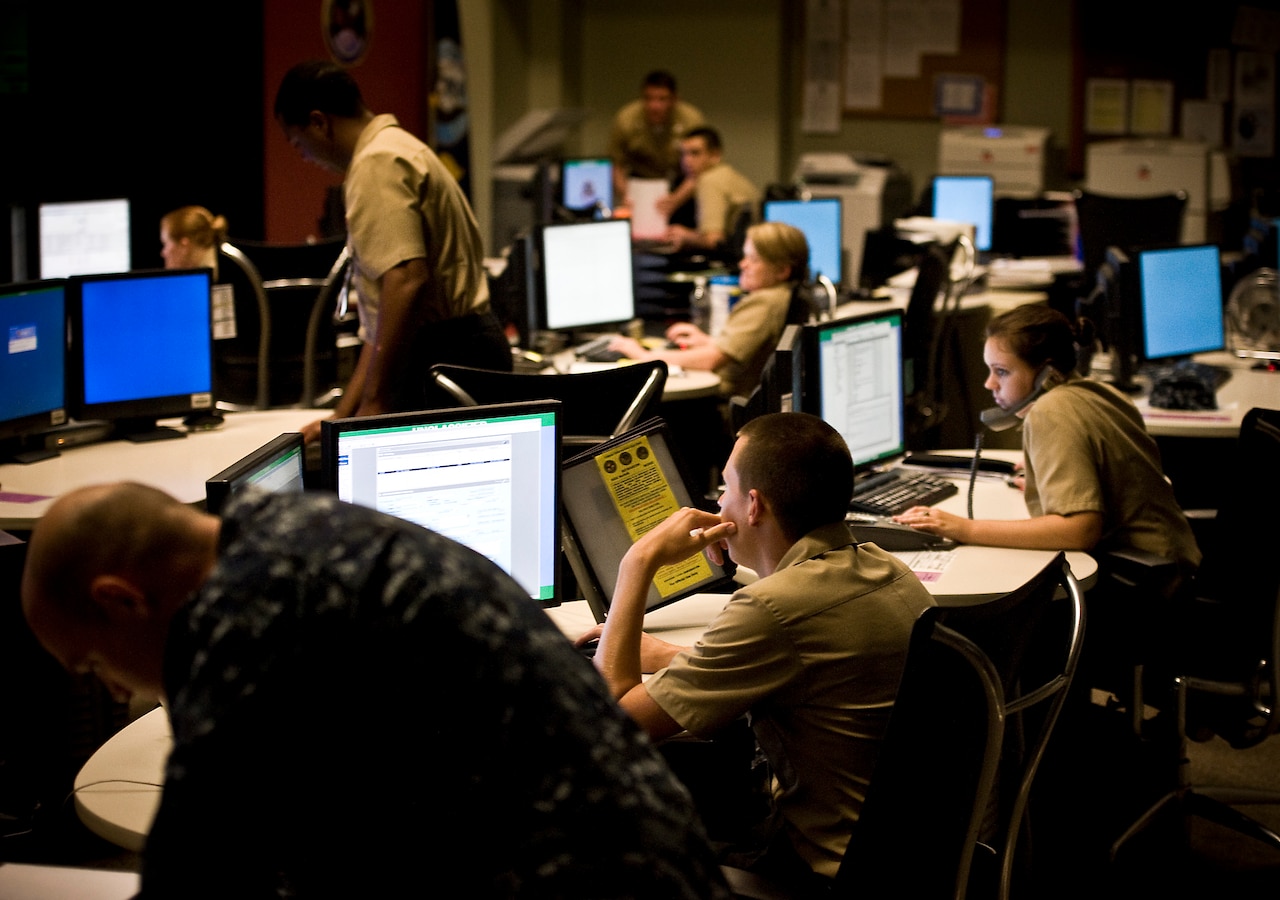 U.S. sailors assigned to Navy Cyber Defense Operations Command take their stations at Joint Expeditionary Base Little Creek-Fort Story, Va., Aug. 4, 2010. NCDOC sailors monitor, analyze, detect and respond to unauthorized activity within U.S. Navy information systems and computer networks. The Navy and the other service branches are contributing service members to the U.S. Cyber Command workforce. U.S. Navy photo by Petty Officer 2nd Class Joshua J. Wahl
