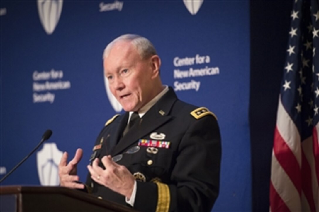 Army Gen. Martin E. Dempsey, chairman of the Joint Chiefs of Staff, discusses the civil-military divide and the future of the all-volunteer force during a conference hosted by the Center for a New American Security in Washington, D.C., Nov. 20, 2014. 