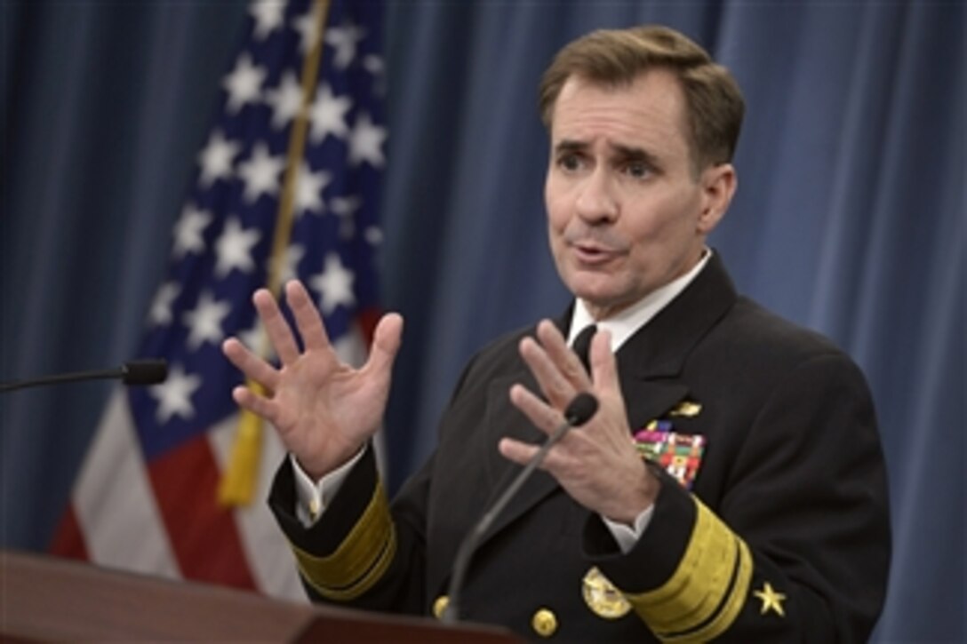 Pentagon Press Secretary Navy Rear Adm. John Kirby briefs the press at the Pentagon, Nov. 20, 2014. Kirby offered updates on the U.S. involvement in curbing the Ebola crisis in Africa and the ongoing fight against the Islamic State in Iraq and the Levant, or ISIL. 