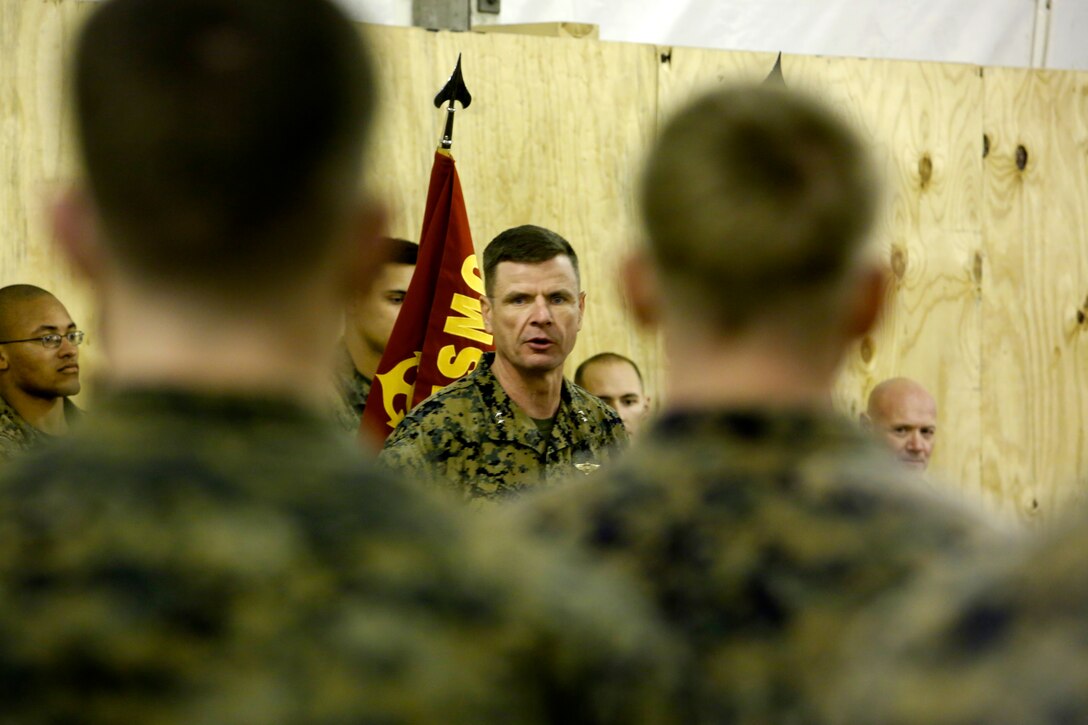 Marines from Black Sea Rotational Force get a visit from Maj. Gen. William D. Beydler, commanding general of II Marine Expeditionary Force and commander of Marine Forces Africa, in Mihail Kogalniceanu, Romania, Nov. 21. The 2nd Battalion, 2nd Marine Regiment is a subordinate command to II MEF and are deployed to Eastern Europe to maintain robust military relationships in the region. 