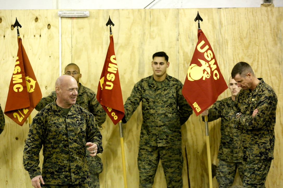 Marines of Black Sea Rotational Force 14 get a visit from Maj. Gen. William D. Beydler, commander of II Marine Expeditionary Force, and Sgt. Maj. James McCook, command sergeant major of U.S. Marine Corps Forces Europe and Africa, in Mihail Kogalniceanu, Romania, Nov. 21. Marines are strategically postured at MK Air Base to support theater security engagements in the Black Sea, Balkan, and Caucasus regions. 
