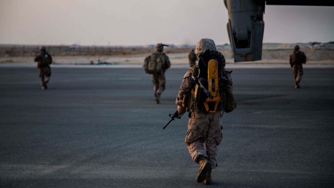 U.S. Marines with 2nd Battalion, 7th Marine Regiment, Special Purpose Marine Air Ground Task Force - Crisis Response - Central Command, conduct a security patrol during a Tactical Recovery of Aircraft and Personnel rehearsal drill in the U.S. Central Command area of operations, Oct. 25, 2014. The Marines and sailors of SPMAGTF-CR-CC serve as an expeditionary, crisis-response force tasked with supporting operations, contingencies and security cooperation in Marine Corps Forces Central Command and CENTCOM. 