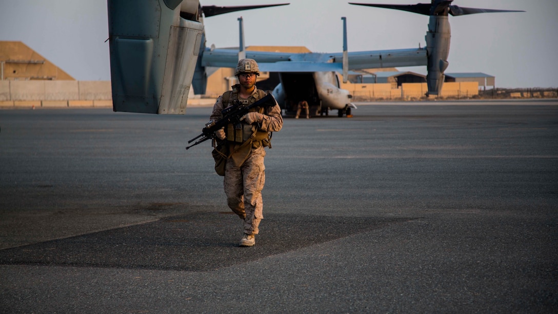 U.S. Marines with 2nd Battalion, 7th Marine Regiment, Special Purpose Marine Air Ground Task Force - Crisis Response - Central Command, conduct a security patrol during a Tactical Recovery of Aircraft and Personnel rehearsal drill in the U.S. Central Command area of operations, Oct. 25, 2014. The Marines and sailors of SPMAGTF-CR-CC serve as an expeditionary, crisis-response force tasked with supporting operations, contingencies and security cooperation in Marine Corps Forces Central Command and CENTCOM. 