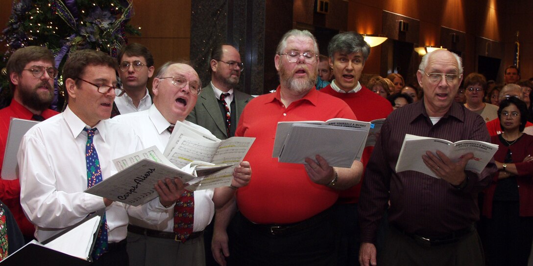 Bob Fletcher, front row, far right, sings bass during the 2000 holiday performance in U.S. Army Corps of Engineers Sacramento District headquarters.