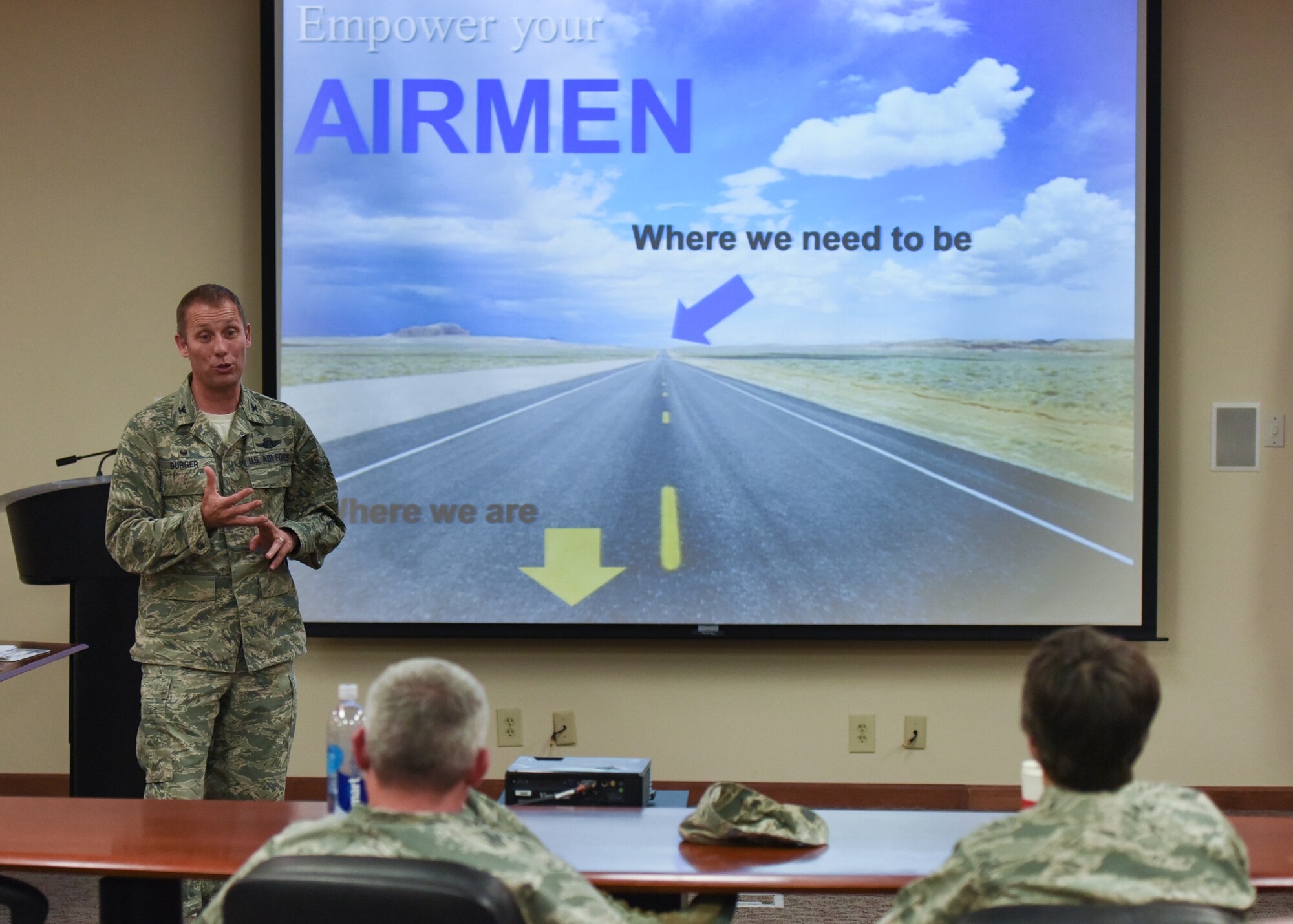 Col. Matthew Burger, 349th Air Mobility Wing commander, discusses current issues with 940th Wing leadership, Nov. 1, 2014 at Beale Air Force Base, Calif. Berger is one of a few facilitators on a newly created Focused Leadership Team whose main focus is to teach leaders the importance of fostering innovative ideas throughout their units. (U.S. Air Force photo by Staff Sgt. Brenda Davis/Released)