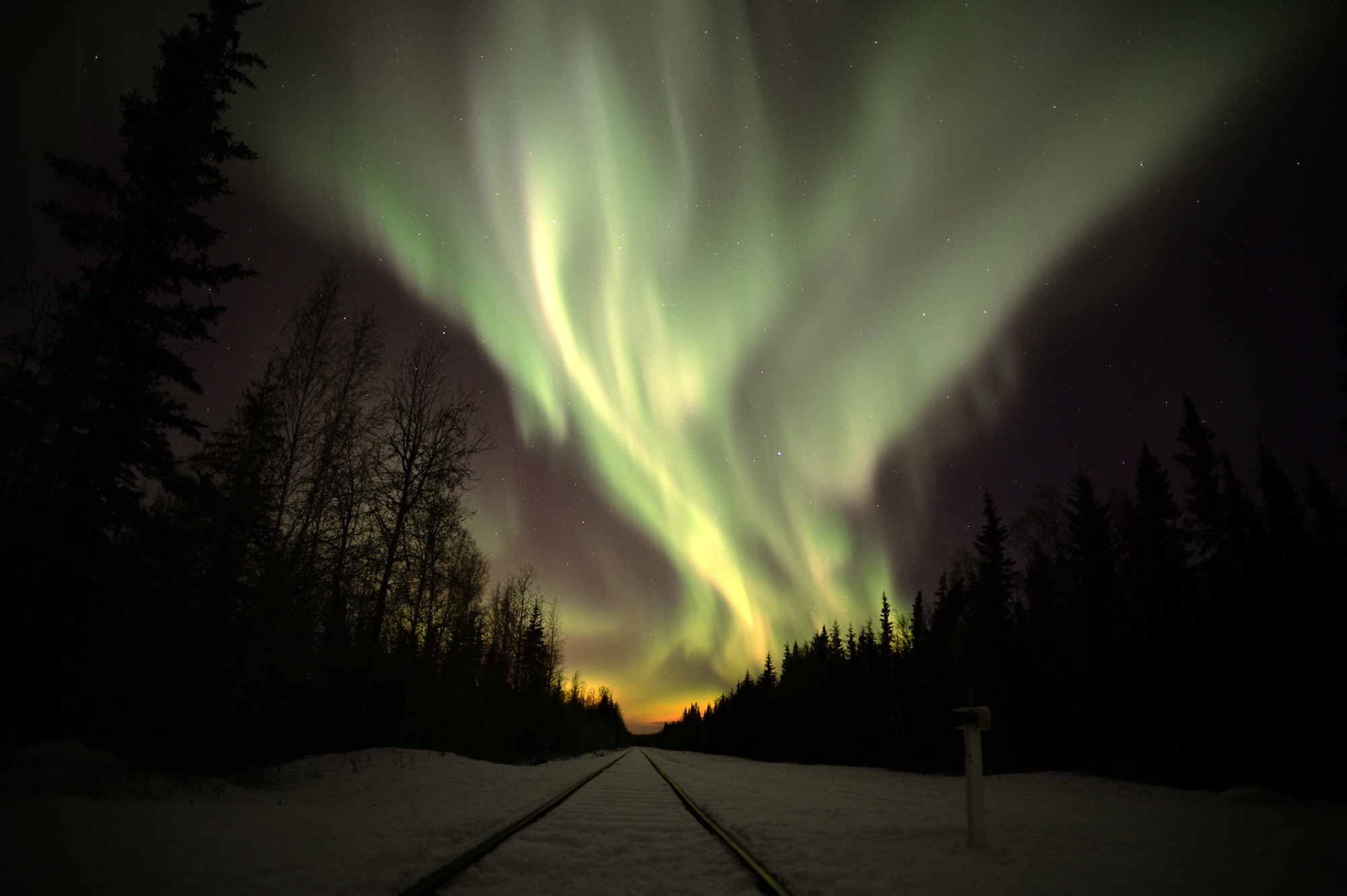The Aurora Borealis, or Northern Lights, from Eielson Air Force Base, Alaska, Nov. 15, 2014. (U.S. Air Force photo by Staff Sgt. Shawn Nickel/Released)