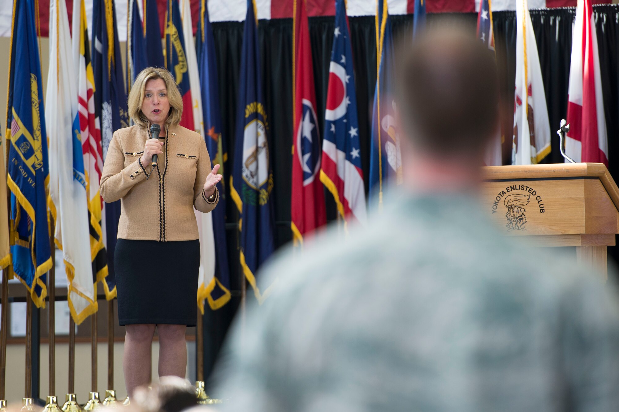 Secretary of the Air Force Deborah Lee James answers an Airman’s question during an all call at Yokota Air Base, Japan, Nov. 21, 2014. James met with Airmen from Yokota during the two-day visit. (U.S. Air Force photo by Staff Sgt. Cody H. Ramirez/Released)