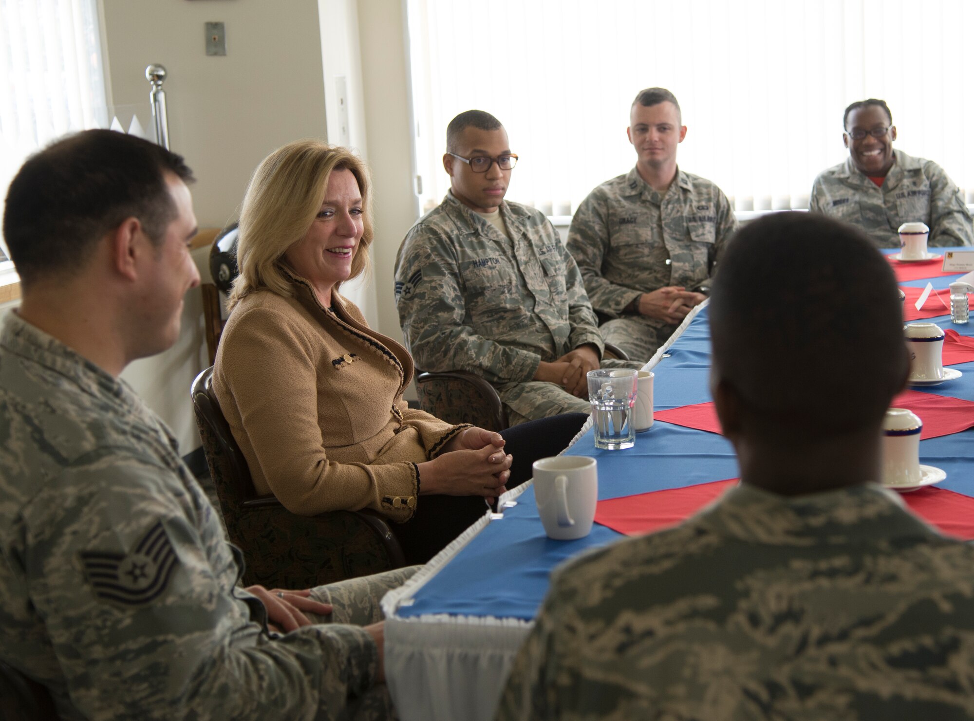 Secretary of the Air Force Deborah Lee James talks with Airmen over breakfast at Yokota Air Base, Japan, Nov. 21, 2014. The purpose of James’ visit was to meet Airmen and get a first-hand look at operations in the Pacific. (U.S. Air Force photo by Senior Airman Michael Washburn/Released)