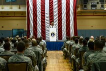 Secretary of the Air Force Deborah Lee James addresses the crowd during an all call Nov. 24, 2014, at Osan Air Base, Republic of Korea. James talked about her top priorities as SECAF: taking care of people, balancing today's readiness with the modernization needs of tomorrow and making every dollar count. (U.S. Air Force photo by Staff Sgt. Jake Barreiro)