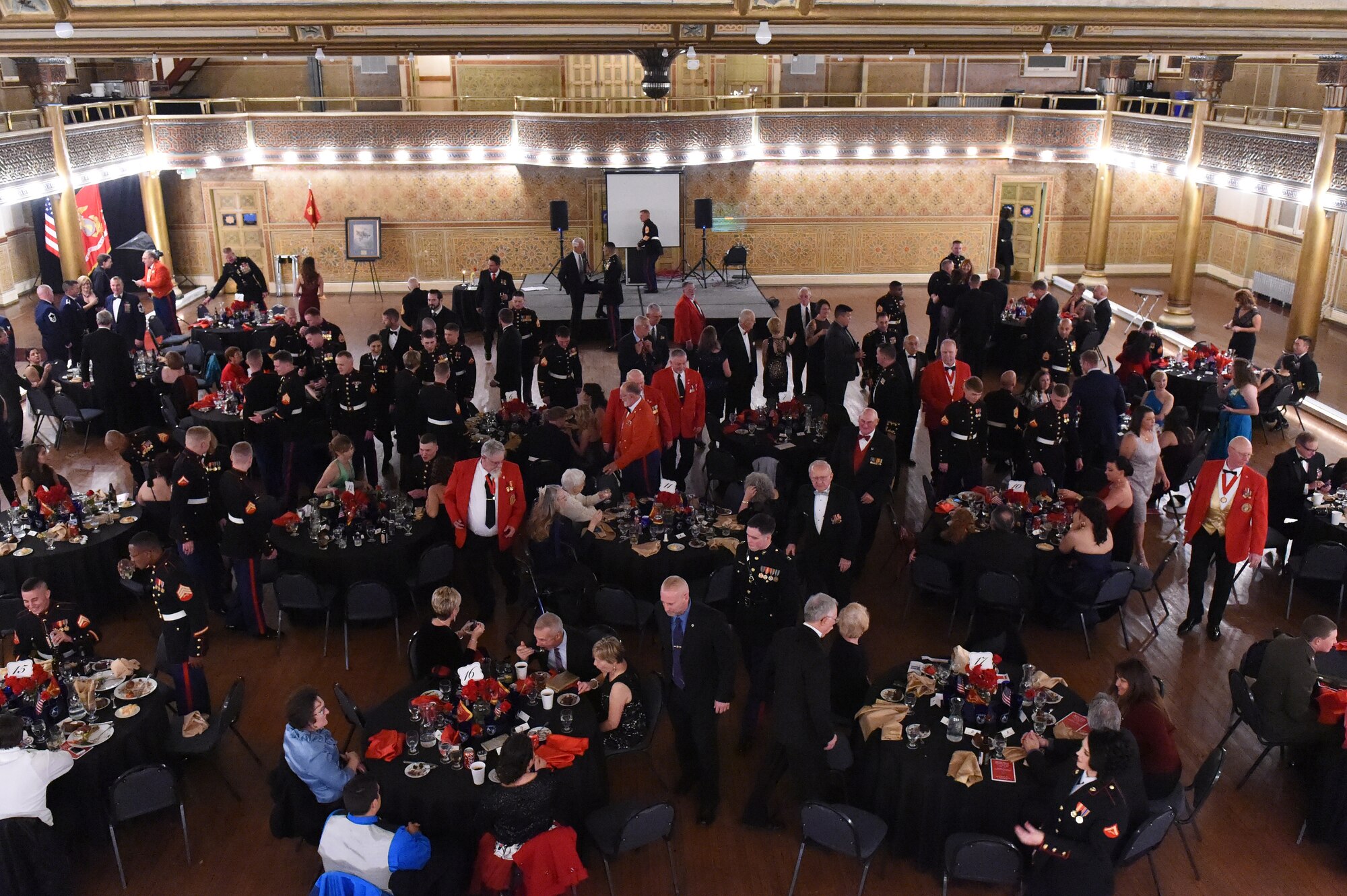 Company A, Marine Cryptologic Support Battalion, Marines and guests celebrate the Marine Corps Birthday Ball Nov. 15, 2014, at the Sherman Street Event Center, Denver. The ball was held in honor of the Marine Corps’ 239th birthday, complete with a guest speaker, dinner and dancing. (U.S. Air Force photo by Airman 1st Class Samantha Saulsbury/Released)
