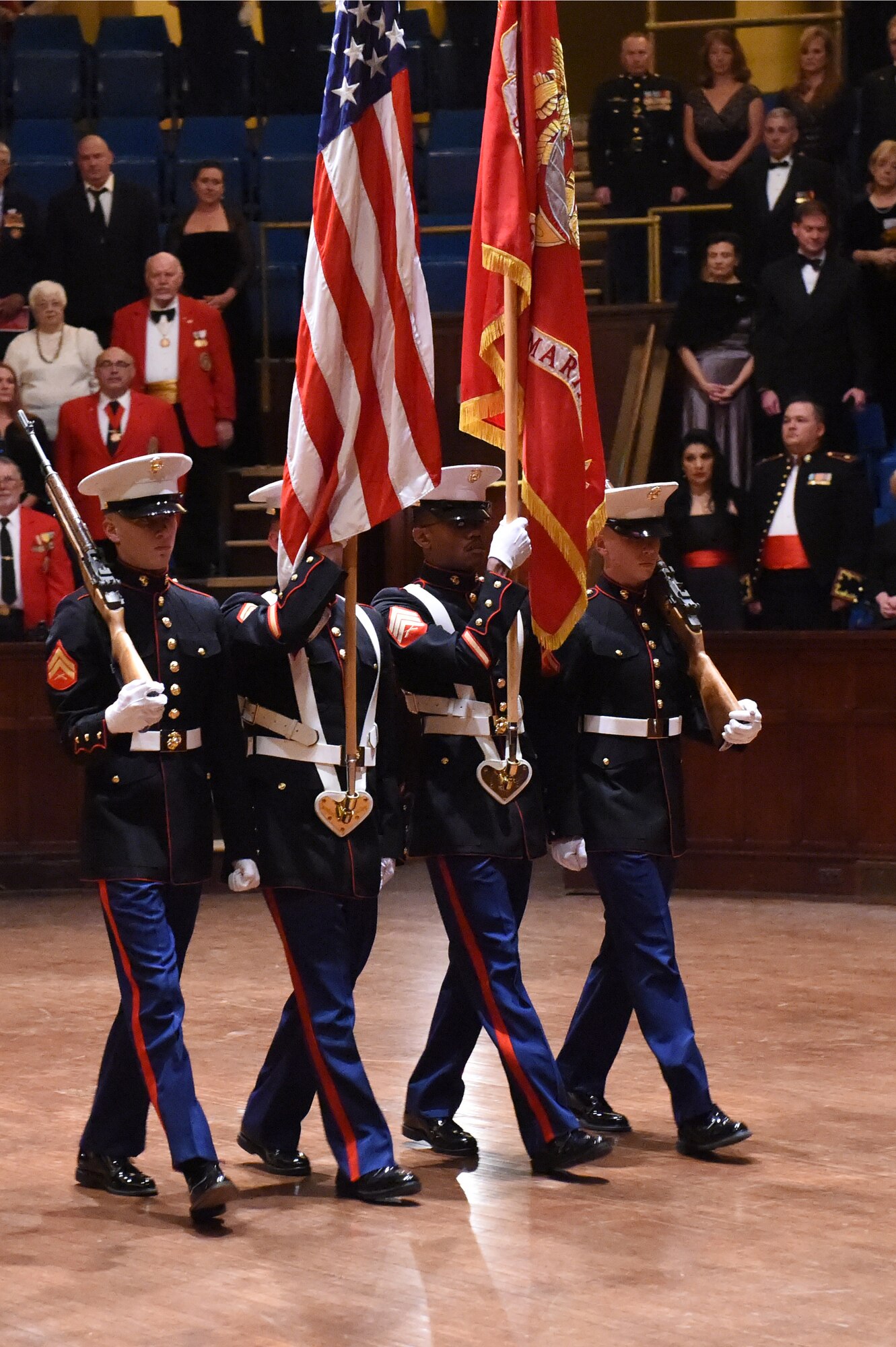 The colors are presented during the Marine Corps Birthday Ball, hosted by Company A, Marine Cryptologic Support Battalion, Nov. 15, 2014, at the Sherman Street Event Center, Denver. The ball was held in honor of the Marine Corps’ 239th birthday, complete with a guest speaker, dinner and dancing. (U.S. Air Force photo by Airman 1st Class Samantha Saulsbury/Released)