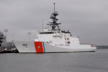 The United States Coast Guard Cutter Hamilton (WMSL 753) moored at its new home, Pier Papa at the Federal Law Enforcement Training Center Nov. 24, 2014, in N. Charleston, S.C.  Hamilton’s primary missions include law enforcement, search and rescue, defense operations and homeland security. The ship carries a crew between 109 and 143 Coastguardsmen depending on the mission, is 418 feet long and displaces 4,500 tons. With a maximum sustained speed of 28 knots, the ship can cruise 12,000 nautical miles. Hamilton is the fourth National Security Cutter delivered to the United States Coast Guard.  (U.S. Air Force photo/Eric Sesit)