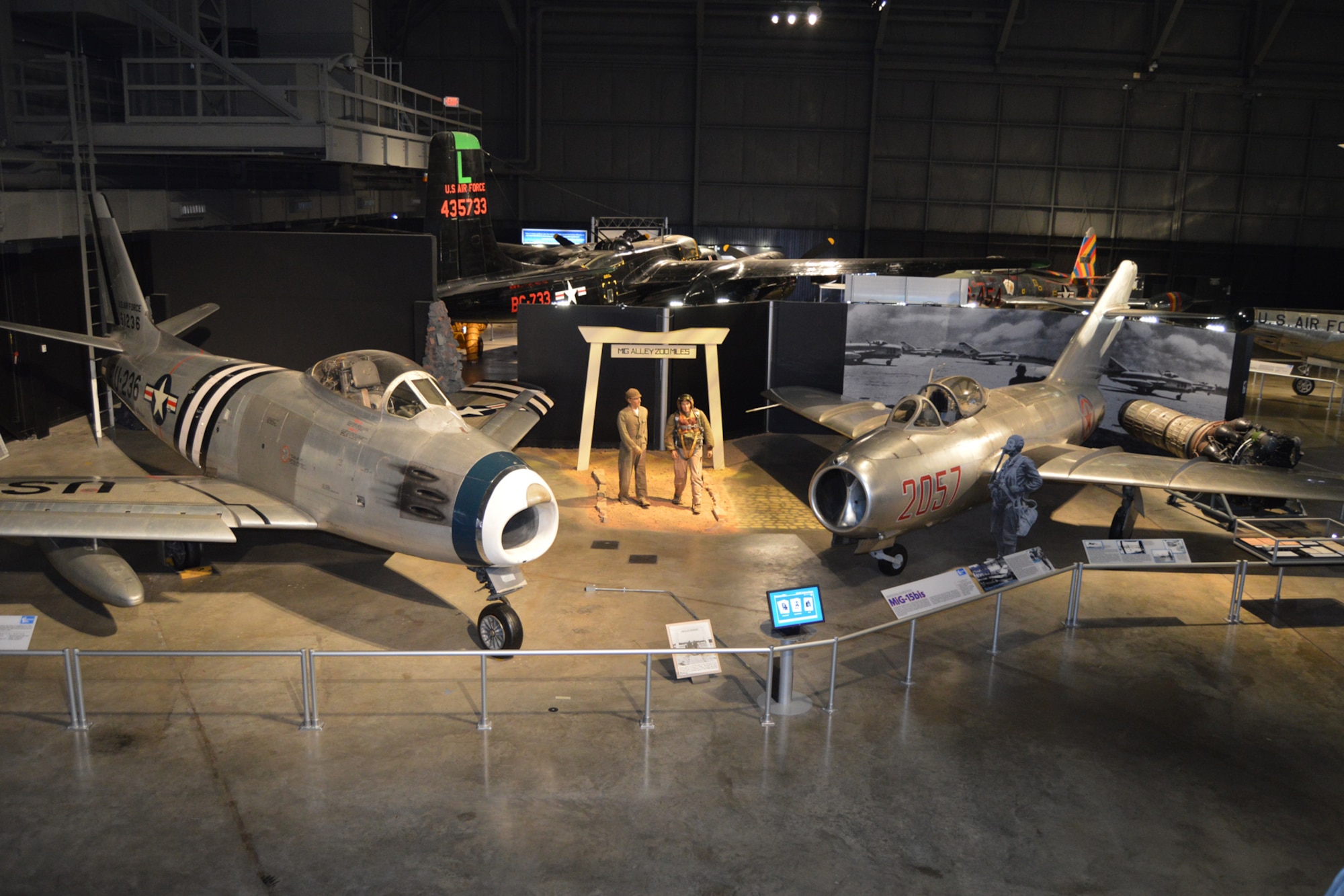 DAYTON, Ohio -- North American F-86A Sabre (left) on display with the Mikoyan-Gurevich MiG-15 in the Korean War Gallery at the National Museum of the United States Air Force. (U.S. Air Force photo)
