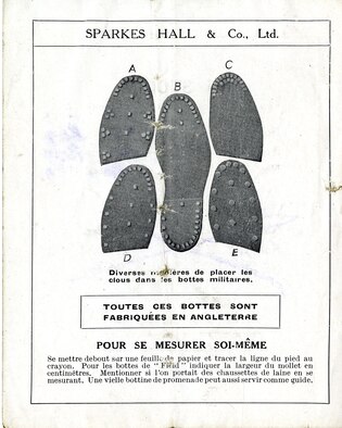 The quality and availability of military flight clothing was a significant concern for American aviators in World War I. The scarcity of supply and lack of standardized flying apparel forced many American pilots to supplement their personal kits with clothing and flying equipment purchased from commercial vendors. Many local companies even produced clothing to military specification, allowing personnel to acquire equipment outside the regular supply chain. This advertisement, an illustrated catalog of military boots and gaiters, was printed by the Sparkes Hall and Co., Ltd. of London. (U.S. Air Force photo)