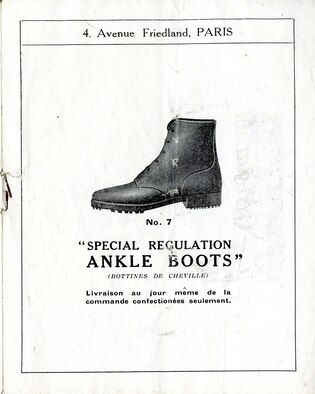 The quality and availability of military flight clothing was a significant concern for American aviators in World War I. The scarcity of supply and lack of standardized flying apparel forced many American pilots to supplement their personal kits with clothing and flying equipment purchased from commercial vendors. Many local companies even produced clothing to military specification, allowing personnel to acquire equipment outside the regular supply chain. This advertisement, an illustrated catalog of military boots and gaiters, was printed by the Sparkes Hall and Co., Ltd. of London. (U.S. Air Force photo)