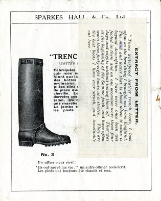 The quality and availability of military flight clothing was a significant concern for American aviators in World War I. The scarcity of supply and lack of standardized flying apparel forced many American pilots to supplement their personal kits with clothing and flying equipment purchased from commercial vendors. Many local companies even produced clothing to military specification, allowing personnel to acquire equipment outside the regular supply chain. This advertisement, an illustrated catalog of military boots and gaiters, was printed by the Sparkes Hall and Co., Ltd. of London. (U.S. Air Force photo)