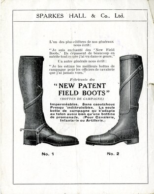 The quality and availability of military flight clothing was a significant concern for American aviators in World War I. The scarcity of supply and lack of standardized flying apparel forced many American pilots to supplement their personal kits with clothing and flying equipment purchased from commercial vendors. Many local companies even produced clothing to military specification, allowing personnel to acquire equipment outside the regular supply chain. This advertisement, an illustrated catalog of military boots and gaiters, was printed by the Sparkes Hall and Co., Ltd. of London. (U.S. Air Force photo)