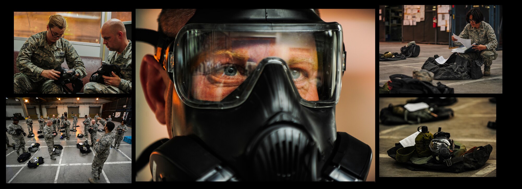 The 39th Logistics Readiness Squadron issues Airmen individual protection equipment Nov. 21, 2014, at Incirlik Air Base, Turkey. The storage bag consists of a canteen with cover, web belt and a gas mask with a carrier case. (U.S. Air Force photo by Airman Cory W. Bush/Released)