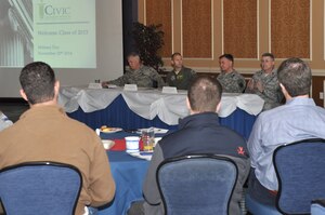 U.S. Air Force Col. John J. Allen Jr., 633rd Air Base Wing commander, Col. Kevin Huyck, 1st Fighter Wing commander, U.S. Army Col. William Galbraith, 733rd Mission Support Group commander, and U.S. Air Force Lt. Col. David Stevens, 480th Intelligence, Surveillance and Reconnaissance Wing director of staff, answer questions during the CIVIC Leadership Institute Military Day Nov. 20, 2014, at the Bayview Commonwealth Center at Langley Air Force Base, Va. The event was held to strengthen community bonds and share JBLE’s mission and impact on Hampton Roads. (U.S. Air Force photo by Master Sgt. April Wickes/Released)