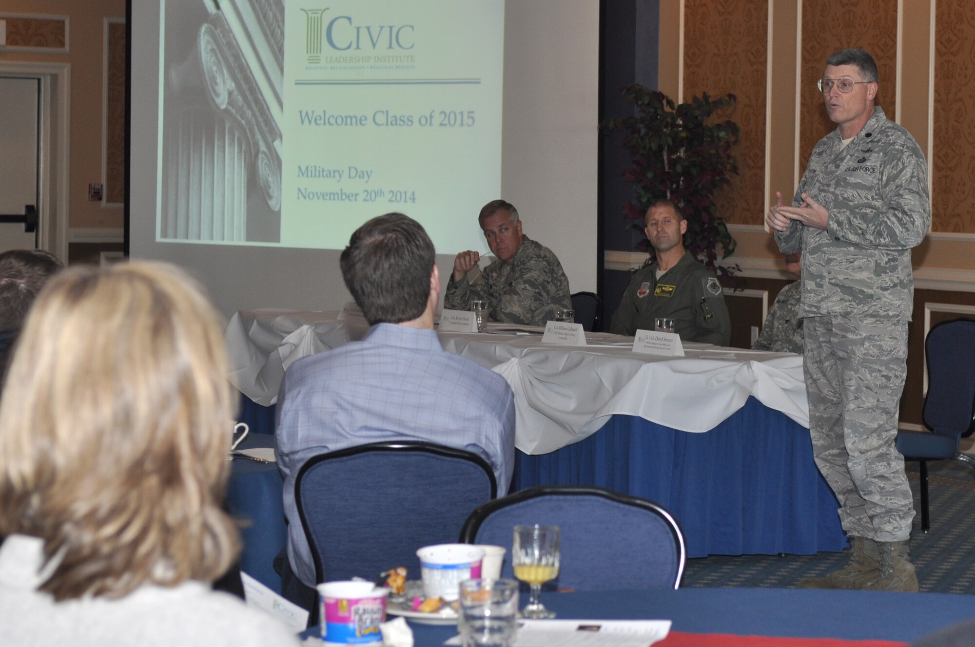 U.S. Air Force Lt. Col. David Stevens, 480th Intelligence, Surveillance and Reconnaissance Wing director of staff, speaks to community leaders from the CIVIC Leadership Institute Nov. 20, 2014, at the Bayview Commonwealth Center at Langley Air Force Base, Va. Stevens and other Joint Base Langley Eustis senior leaders participated in the CIVIC Leadership Institute Military Day in an effort to further strengthen the bond between the two communities. (U.S. Air Force photo by Master Sgt. April Wickes/Released)