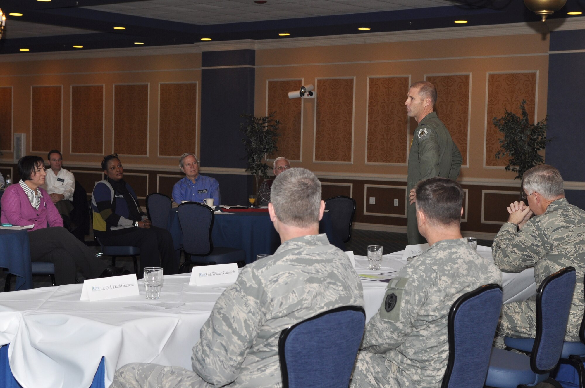 U.S. Air Force Col. Kevin Huyck, 1st Fighter Wing commander, addresses community leaders from the CIVIC Leadership Institute during their military day Nov. 20, 2014, at the Bayview Commonwealth Center at Langley Air Force Base, Va. The CIVIC Leadership institute’s mission is to connect proven leaders to improve life in Hampton Roads and inspire them to engage in public service. (U.S. Air Force photo by Master Sgt. April Wickes/Released)