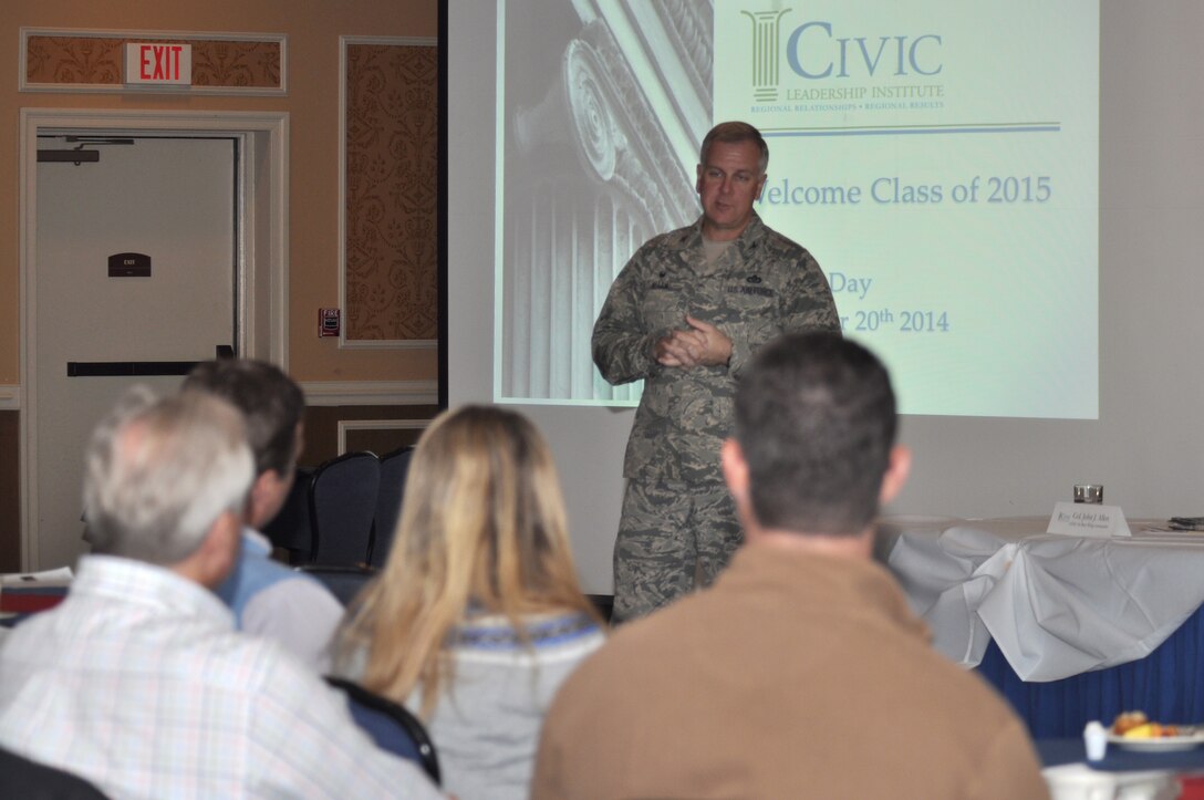 U.S. Air Force Col. John J. Allen Jr., 633rd Air Base Wing commander, talks to community leaders from the CIVIC Leadership Institute Nov. 20, 2014, at the Bayview Commonwealth Center at Langley Air Force Base, Va.  Allen, along with three other senior leaders participated in the CIVIC Leadership Institute Military Day in an effort to share the Joint Base Langley-Eustis’  mission and impact on the Hampton Roads community. (U.S. Air Force photo by Master Sgt. April Wickes/Released)