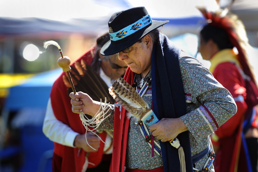 Ted Tenorio, Native American Veterans Association president and Army Vietnam veteran from the Tigua tribe and adopted from the Blood tribe years ago, participates in the gourd dance during the Native American Veterans Association's annual Veterans Appreciation and Heritage Day Pow Wow in South Gate, Calif., Nov. 8 and 9. DoD photo by Marvin Lynchard