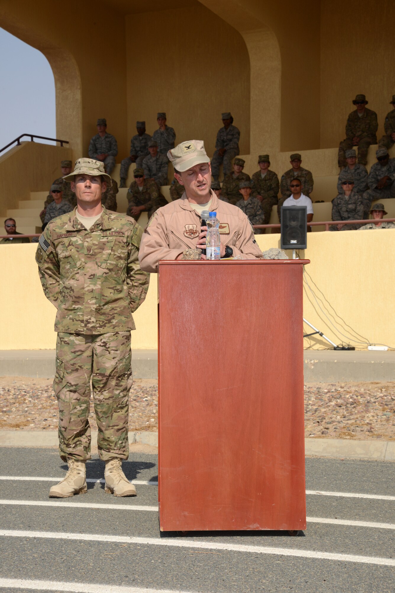 SOUTHWEST ASIA - Col. Michael Stohler, 332nd Air Expeditionary Group commander, speaks during the 332nd AEG reactivation and assumption of command ceremony Nov. 16, 2014. The 332nd AEG has a storied history and is descended from the 332nd Fighter Group - the famed Tuskegee Airmen, also known as the Red Tails. (U.S. Air Force photo by Tech. Sgt. Jared Marquis/released)  
