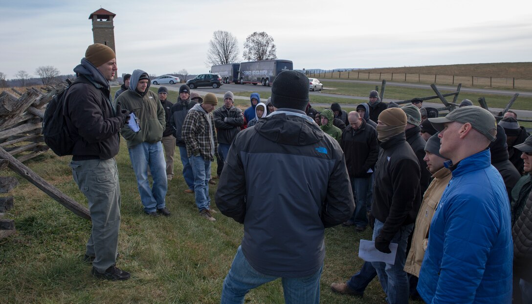 Officers and staff noncommissioned officers from Marine Barracks Washington, D.C., attend a professional military education session near Sharpsburg, Md., at the battlegrounds of Antietam on Nov. 22, 2014. The PME is part of a series in which the Marines of MBW travel to various Civil War battlegrounds to study leadership and tactics.(U.S. Marine Corps photo by Lance Cpl. Christian Varney)