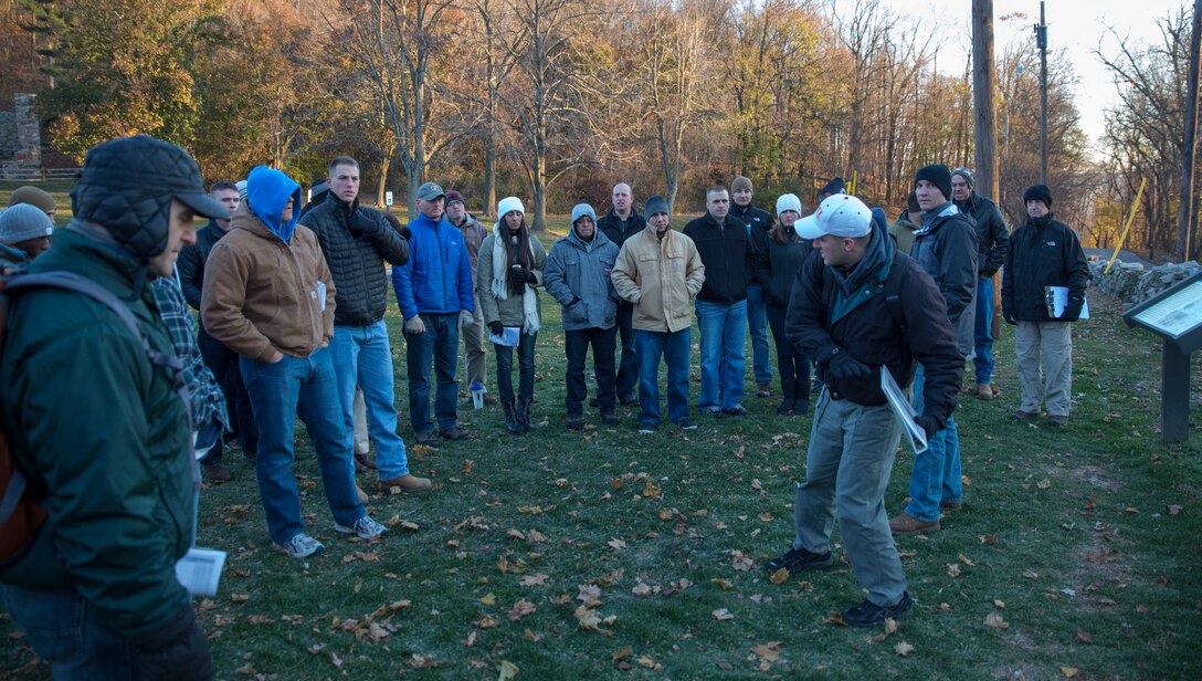 Officers and staff noncommissioned officers from Marine Barracks Washington, D.C., attend a professional military education session near Sharpsburg, Md., at the battlegrounds of Antietam on Nov. 22, 2014. The PME is part of a series in which the Marines of MBW travel to various Civil War battlegrounds to study leadership and tactics.