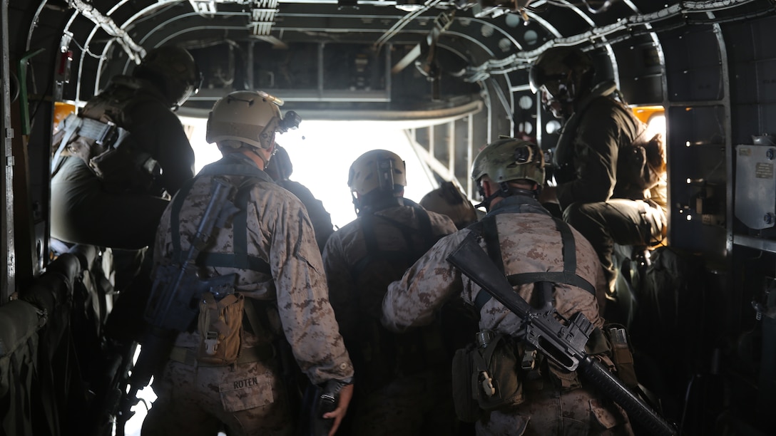 Marines with 2nd Platoon, Force Company, 1st Reconnaissance Battalion, I Marine Expeditionary Force, conduct helocast operations off the coast of Marine Corps Base Camp Pendleton, Calif., Nov. 19, 2014. Helocast operations allow recon Marines to move from air to land in a quick and stealthy manner.
