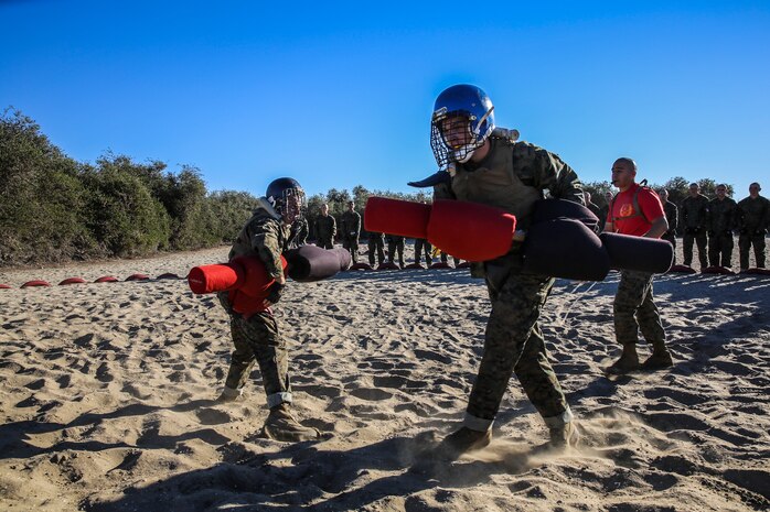 Recruits of Charlie Company, 1st Recruit Training Battalion, face off during a pugil stick bout at Marine Corps Recruit Depot San Diego, Nov. 5. During the course of recruit training, Charlie Company will step into the ring three more times. Each time the difficulty level will increase.