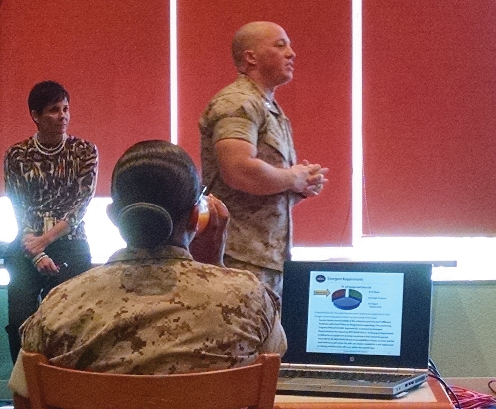 Capt. Zachary Pagan conducts the Push Fulfillment Plan brief to Marines of 3d Marine Logistics Group at Camp Kinser, Okinawa, Japan.