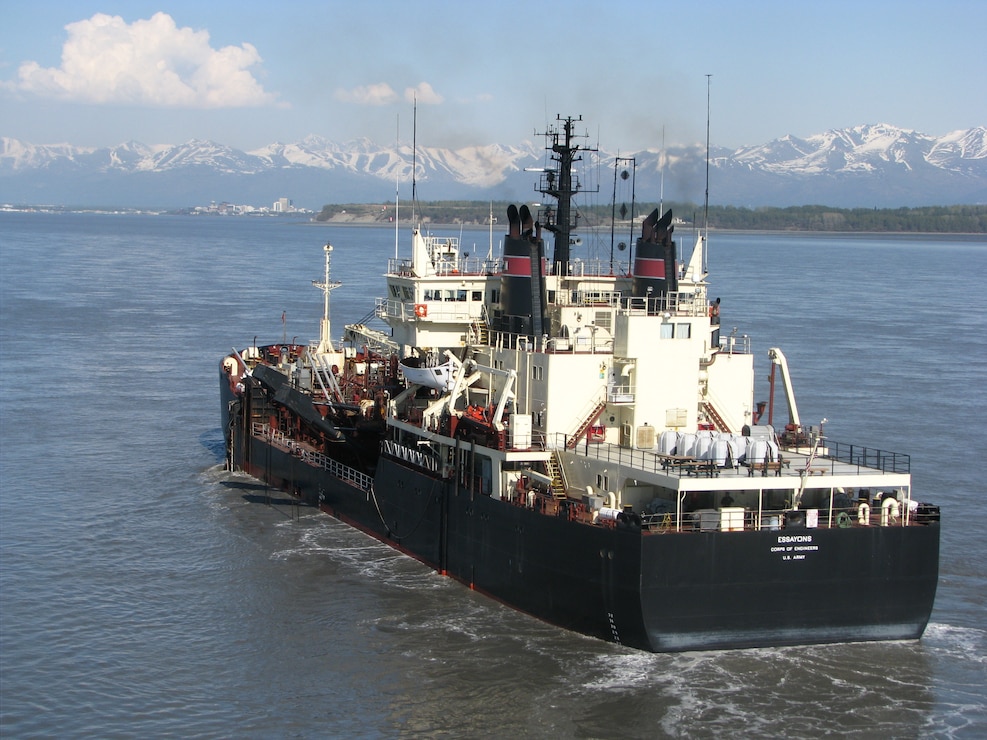 The Corps-owned dredge Essayons conducts maintenance dredging of Cook Inlet Navigation Channel in May 2013.