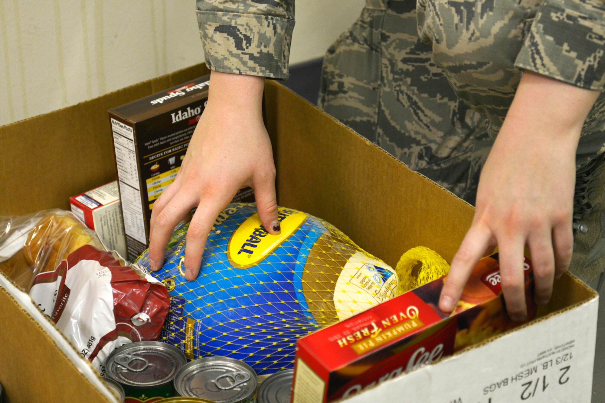 Fairchild’s First Sergeants Council and Team Fairchild members assembled 100 boxes with complete Thanksgiving meals during the annual Turkey Drive in support of the Operation Warm Heart Nov. 24, 2014, at Fairchild Air Force Base, Wash. The boxes were arranged in two sizes to accommodate different sized families. (U.S. Air Force photo/Airman 1st Class Janelle Patiño)
