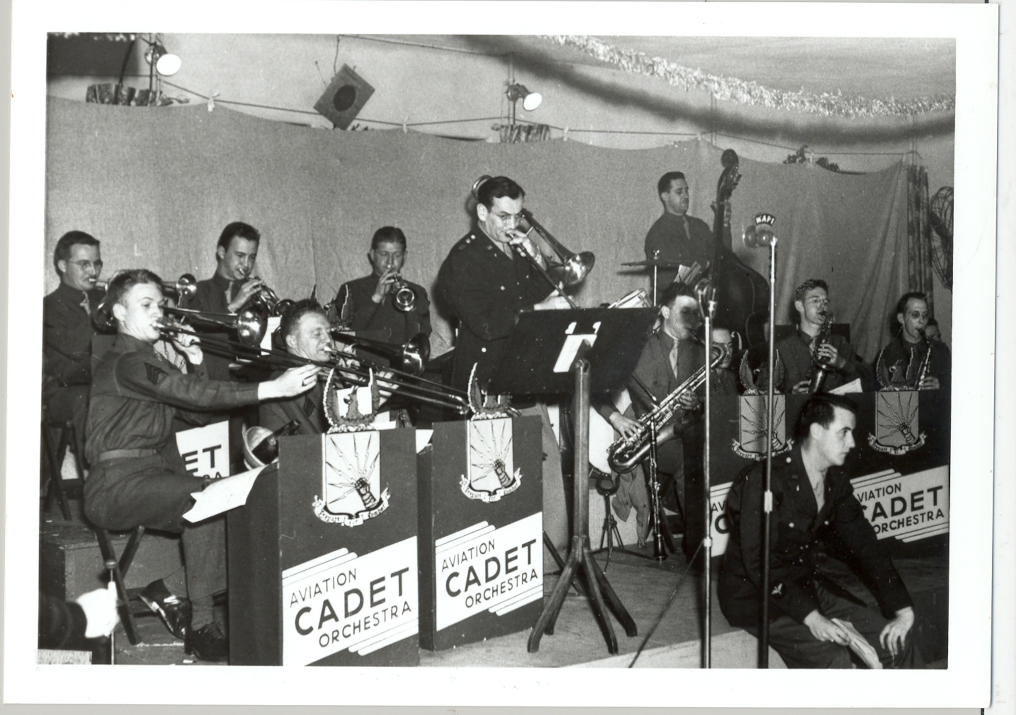 Captain Glenn Miller plays trombone in the Rhythmaires band at Maxwell Field, Dec. 24, 1942. The band played five times during Miller’s five weeks at Maxwell, culminating with the Christmas Eve concert. (Courtesy Air Force photo by Air University History Office/cleared)
