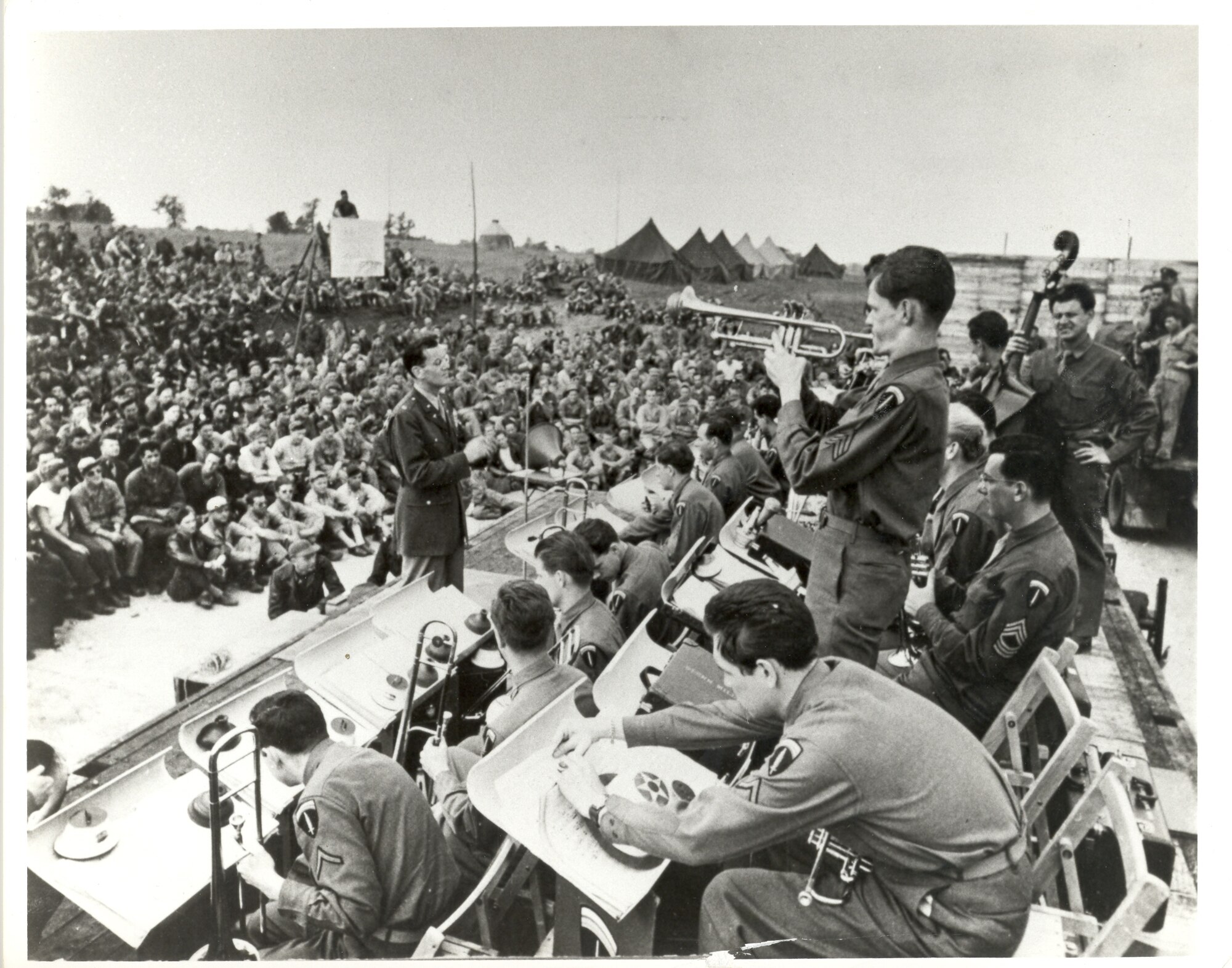 Glenn Miller’s band plays for US and Allied troops in England, Jun-Dec 1944. The band gave 300 live performances in England and 500 radio broadcasts to Allied troops on the continent. (Courtesy Air Force photo by Air University History Office/cleared)