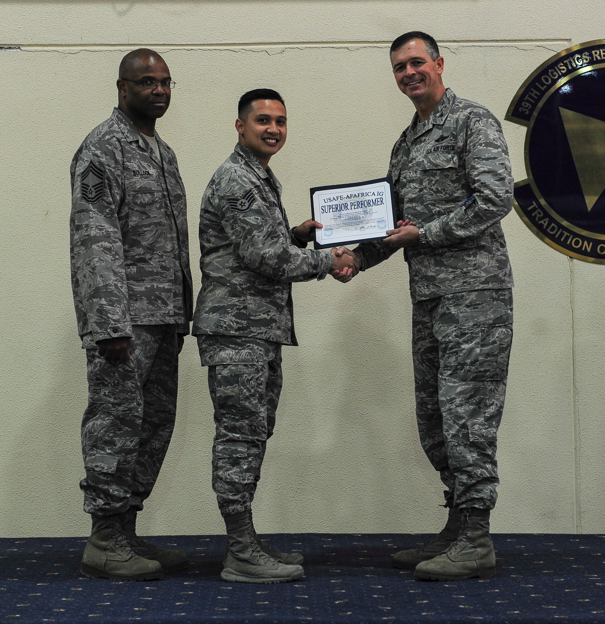 Staff Sgt. Uriah Poore, 39th Medical Support Squadron medical systems technician, was recognized as a superior performer at the Unit Effectiveness Inspection out brief Nov. 24, 2014, Incirlik Air Base, Turkey. Poore won for his outstanding individual performances during the UEI and was one of four individuals recognized during the event. (U.S. Air Force photo by Airman Cory W. Bush/Released)
