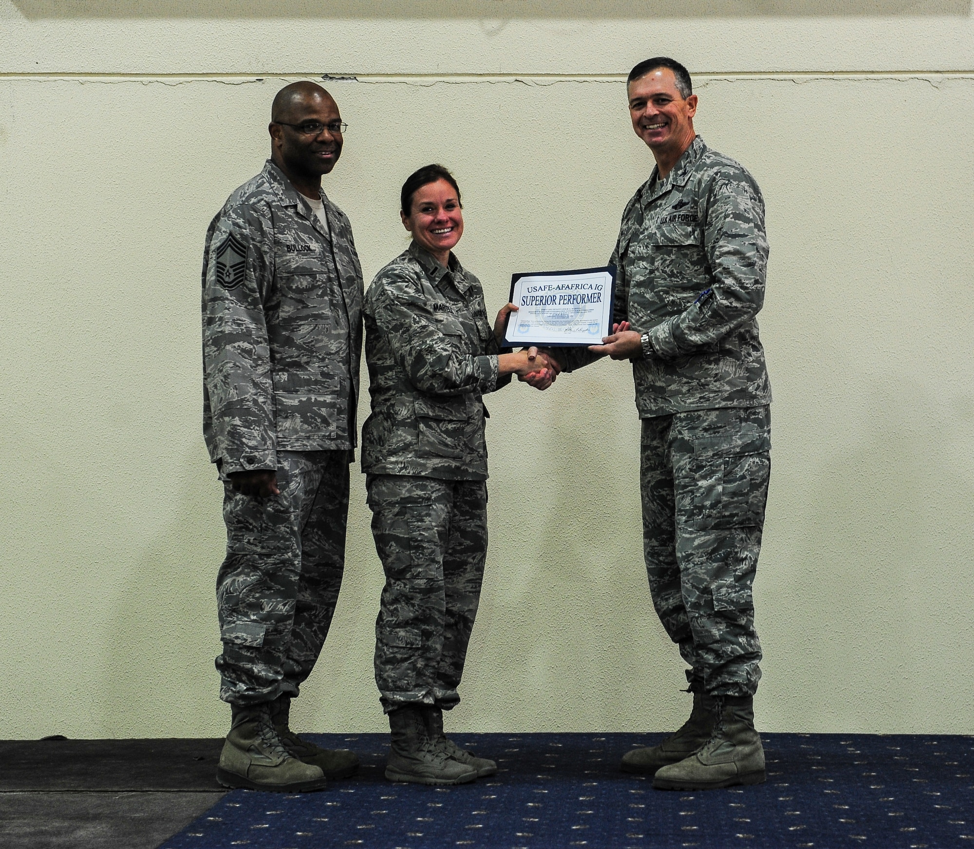 1st Lt. Leslie Martell, 39th Medical Support Squadron Resource Management Medical Information Systems Flight commander, was recognized as a superior performer at the Unit Effectiveness Inspection out brief Nov. 24, 2014, Incirlik Air Base, Turkey. Martell won for her outstanding individual performances during the UEI and was one of four individuals recognized during the event. (U.S. Air Force photo by Airman Cory W. Bush/Released)