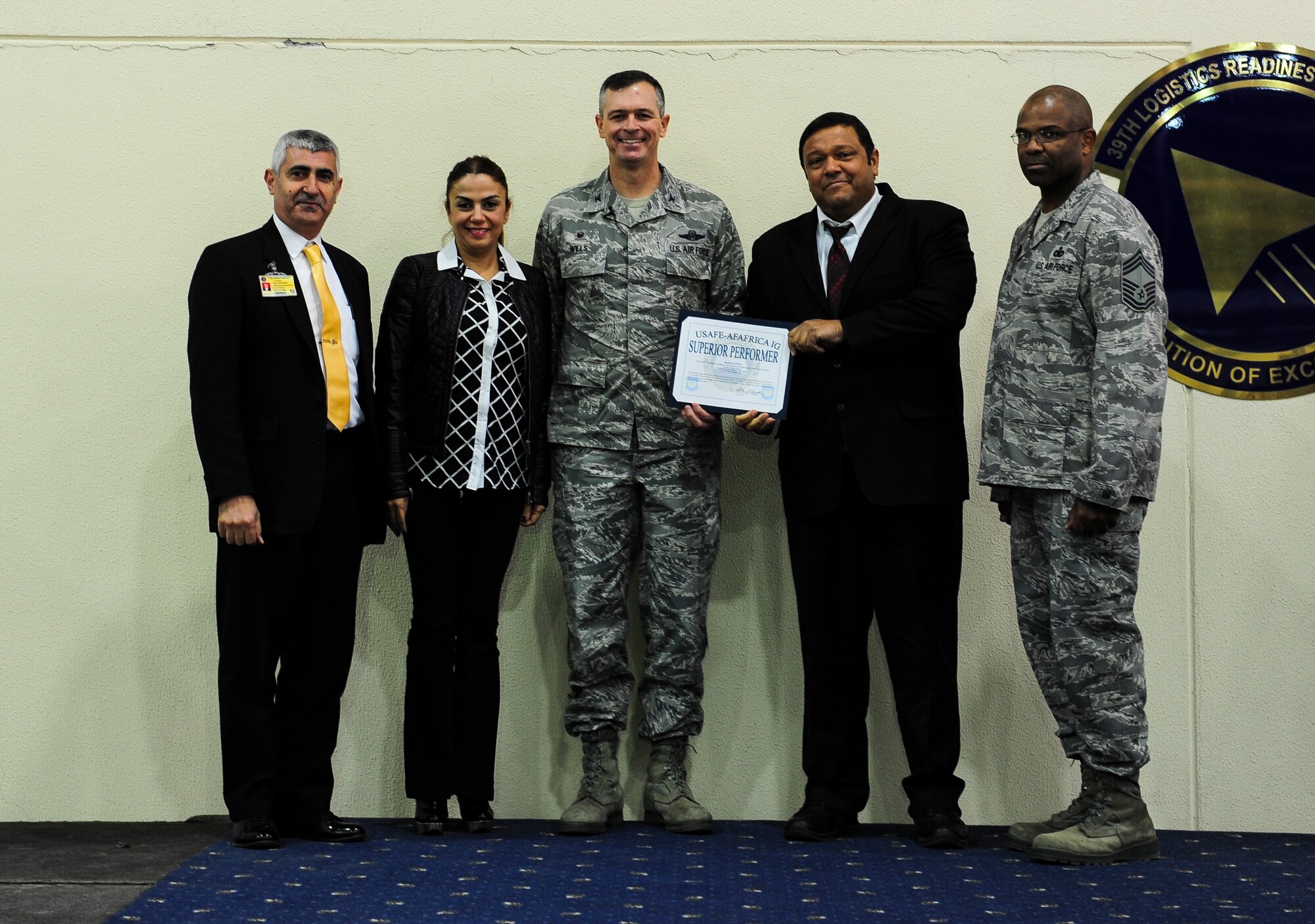 The 39th Force Support Squadron Hodja Inn Lodging team, was recognized as a superior performer at the Unit Effectiveness Inspection out brief Nov. 24, 2014, Incirlik Air Base, Turkey. The Hodja Inn Lodging team won for their exceptional performances during the UEI and was one of three teams recognized during the event. (U.S. Air Force photo by Airman Cory W. Bush/Released)