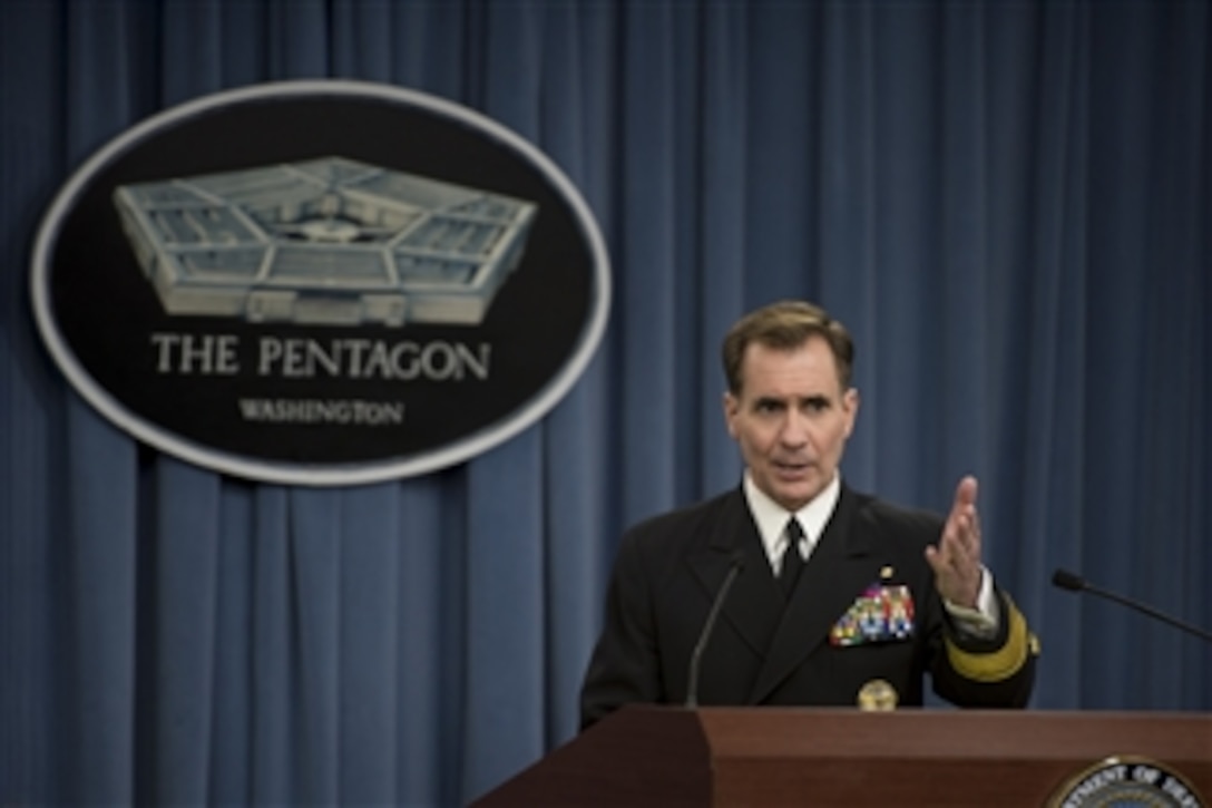 Pentagon Press Secretary Navy Rear Adm. John Kirby briefs reporters about current events, including the resignation of Defense Secretary Chuck Hagel, at the Pentagon, Nov. 25, 2014.