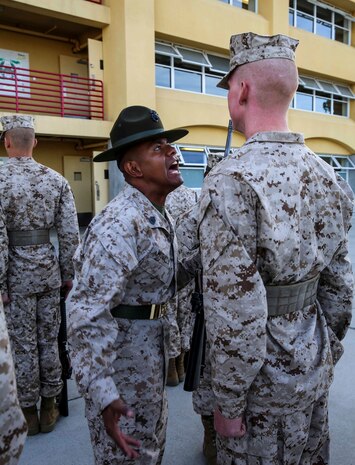 A Recruit of Golf Company, 2nd Recruit Training Battalion, stands at attention as he is inspected by a drill instructor during the Series Commander Inspection at Marine Corps Recruit Depot San Diego, Nov. 17. Other drill instructors swarmed the platoon creating chaos, testing the recruits’ bearing, one of the Marine Corps leadership traits.
