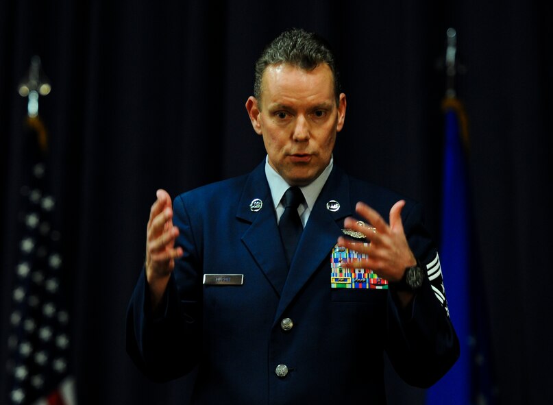 Chief Master Sgt. Cory Olson, 1st Special Operations Wing command chief, speaks during an NCO- Induction ceremony at Hurlburt Field, Fla., Nov. 26, 2014. An NCO-Induction ceremony is a time-honored tradition of welcoming the newest military leaders. (U.S. Air Force photo/Senior Airman Christopher Callaway) 