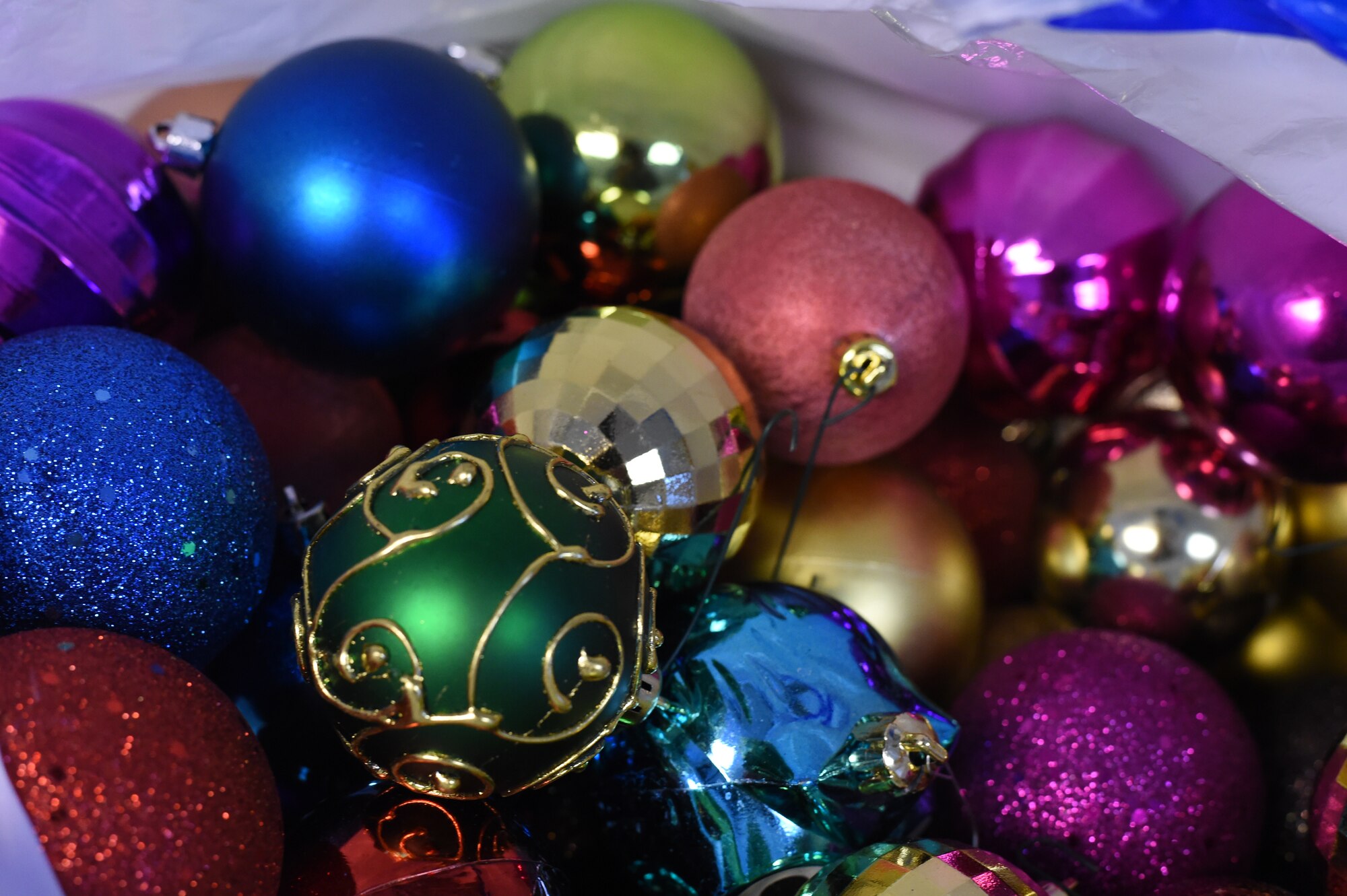 Glass Christmas tree bulbs are just one of many items the Buckley Attic has for any Team Buckley member E-1 through E-4 to take home for free. At the attic, Team Buckley members can donate gently used items they no longer need for other military members to use.  (U.S. Air Force photo by Airman 1st Class Samantha Saulsbury/Released)