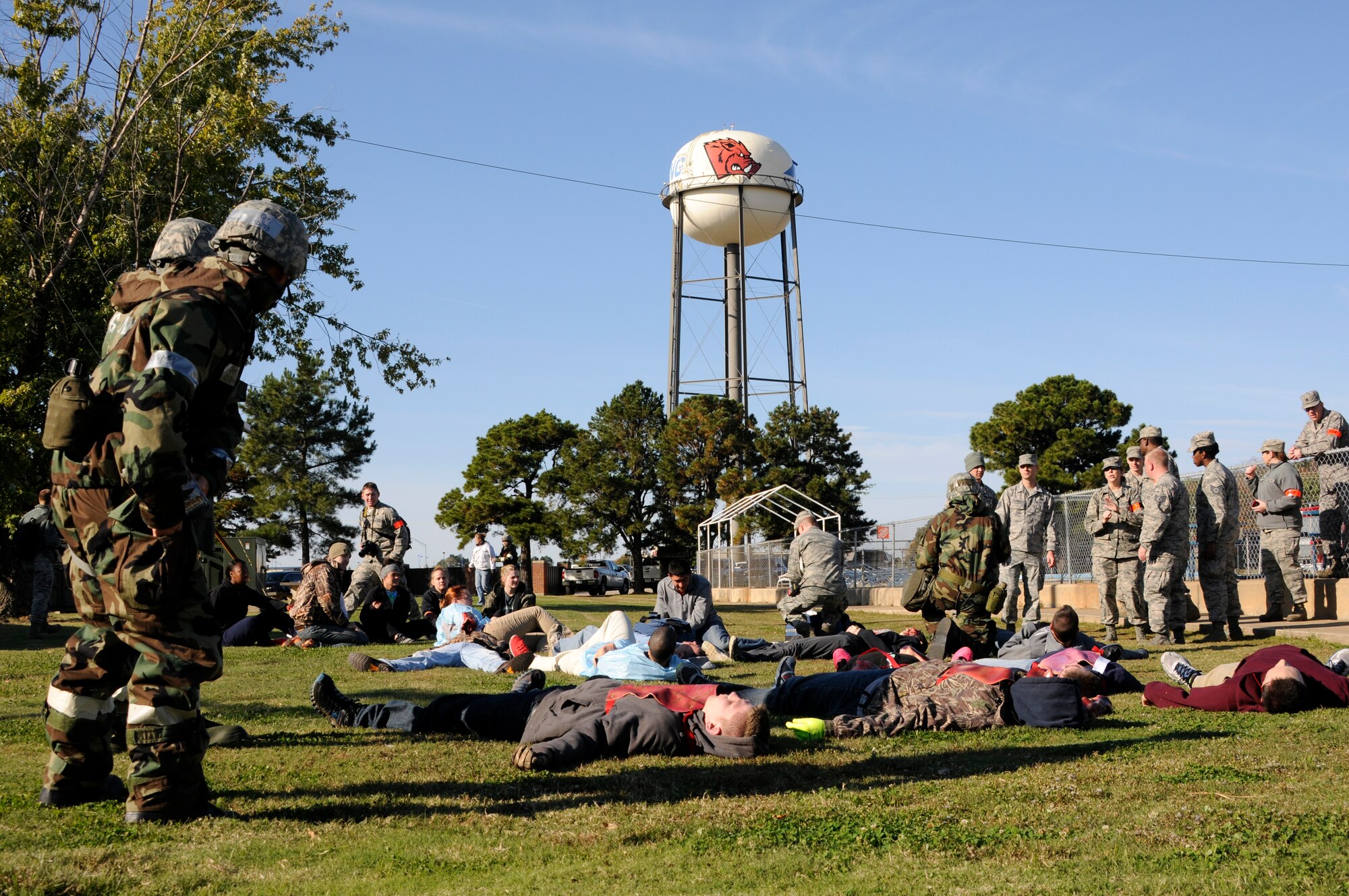 Members of the 188th Wing conduct a mass casualty exercise at Ebbing Air National Guard Base, Fort Smith, Ark., Nov. 2, 2014. The Student Flight role played as casualties that resulted from a simulated rocket attack. The purpose of the exercise was to test Airmen’s ability to triage personnel while facing possible attacks. (U.S. Air National Guard photo by Staff Sgt. Hannah Dickerson/Released)