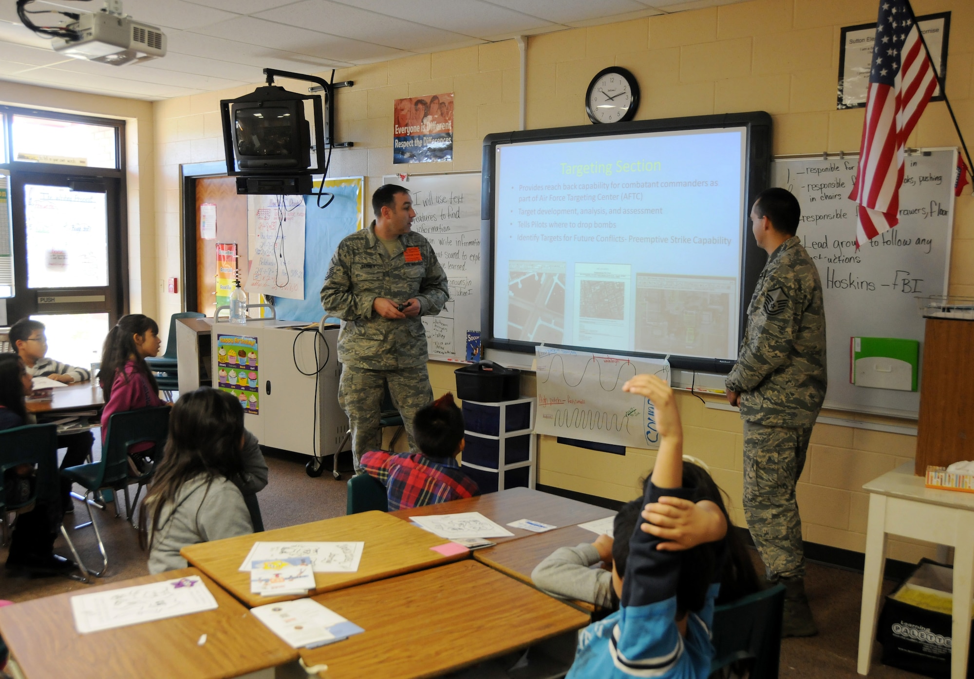 Master Sgt. Craig Gardner, left, and Master Sgt. Michael Aponte conduct a presentation on the 188th Wing’s new intelligence, surveillance and reconnaissance (ISR) mission during career day at Sutton Elementary School in Fort Smith, Ark., Nov. 6, 2014. Gardner and Aponte are assigned to the new 188th ISR Group. The event was part of the Fort Smith Public School Partners in Education program. (U.S. Air National Guard photo by Airman 1st Class Cody Martin/Released)