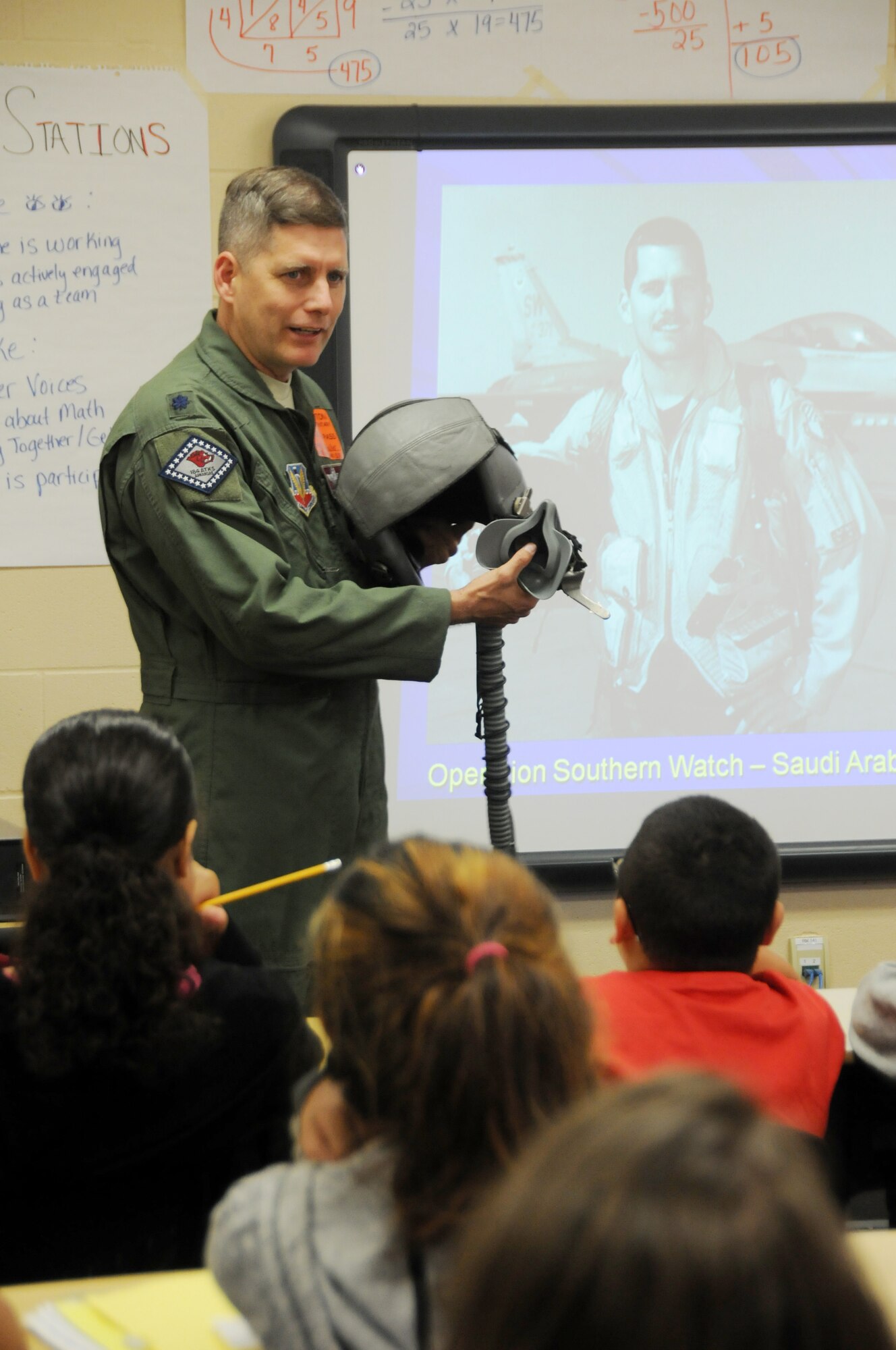 Lt. Col. Toby Brallier, 188th Wing pilot, conducts a presentation on his career as part of the Partners in Education program at Sutton Elementary school in Fort Smith, Ark., Nov. 6, 2014. Brallier is assigned to the 188th Operations Group. (U.S. Air National Guard photo by Airman 1st Class Cody Martin/Released)