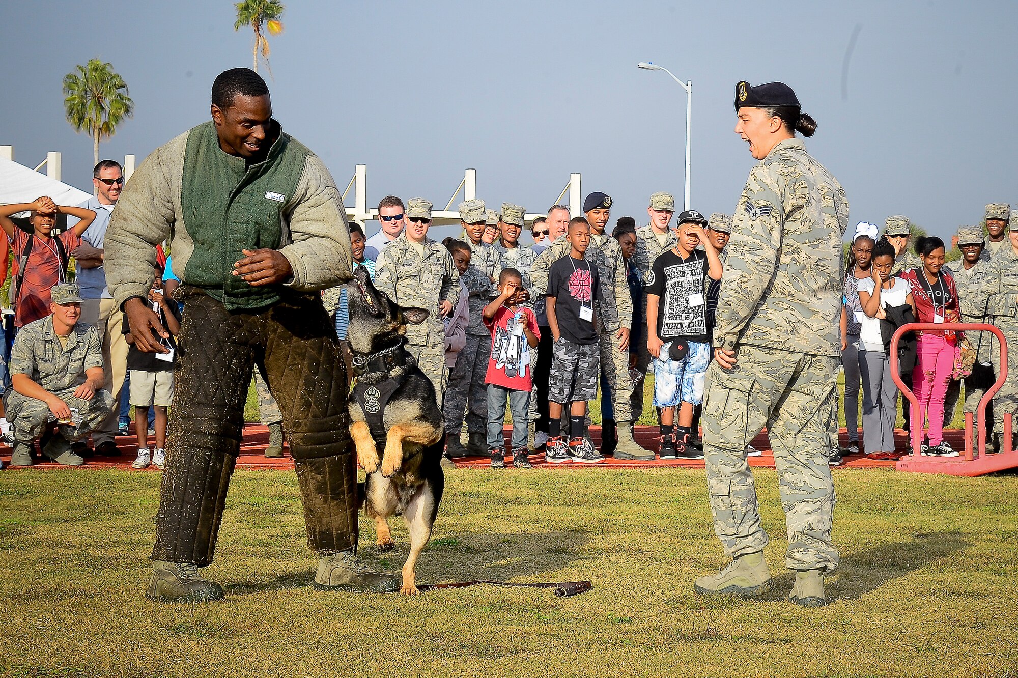 The 6th Security Forces Squadron military working dog section performs for the Big for a Day event at MacDill Air Force Base, Fla., Nov. 24, 2014. This was the 14th year Big Brother Big Sister of Tampa Bay partnered with MacDill to host the event. (U.S. Air Force photo by Airman 1st Class Ned T. Johnston/Released)